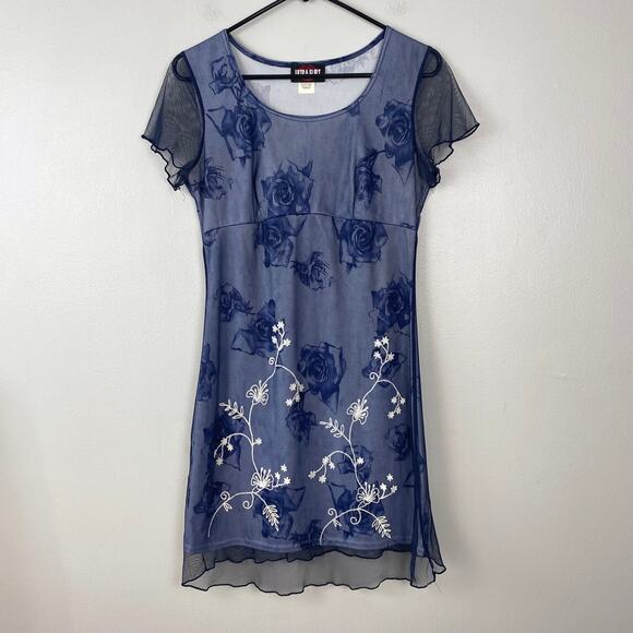 Ultra Flirt Y2K Vintage Empire Waist Mesh Floral Dress Lettuce Hem Navy Medium - Picture 1 of 8